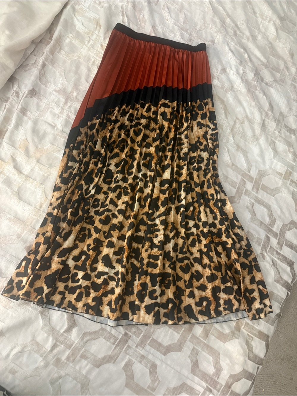 Leopard Print Pleated Midi Skirt with Rust Waist Panel